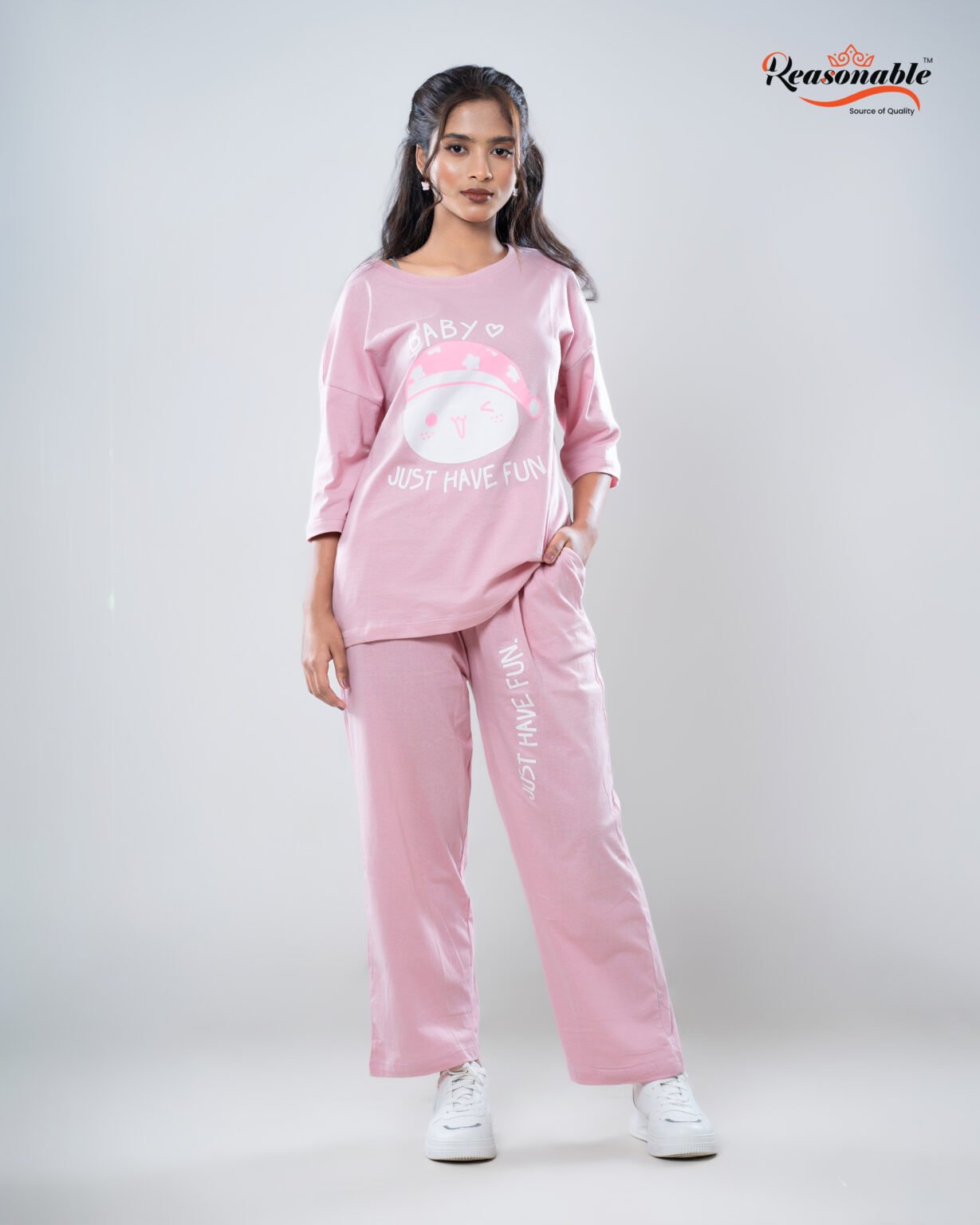 Women's Premium 2pc  Drop shoulder T-shirt & pajama Set-Baby Pink