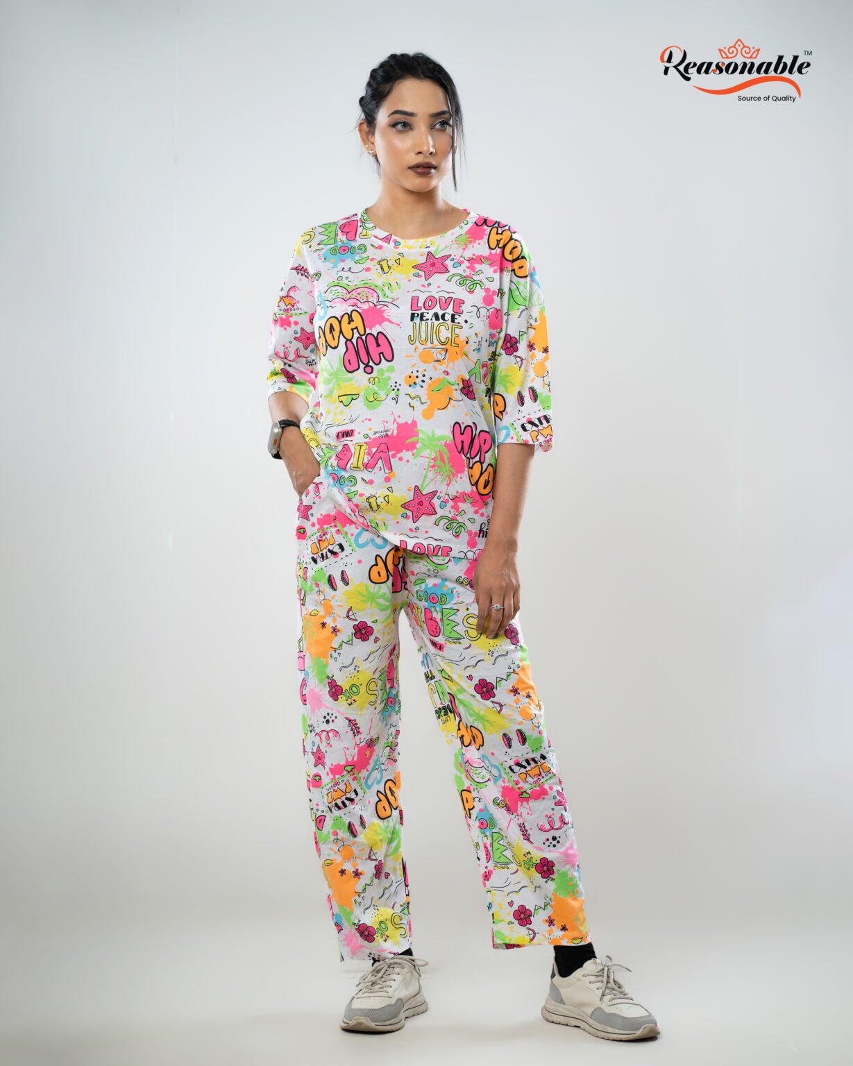 Women's Premium 2pc Drop shoulder T-shirt & pajama Set- Multicolor