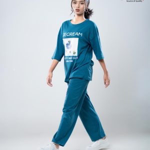 Women's Premium 2pc Drop shoulder T-shirt & pajama Set- Peacock Green