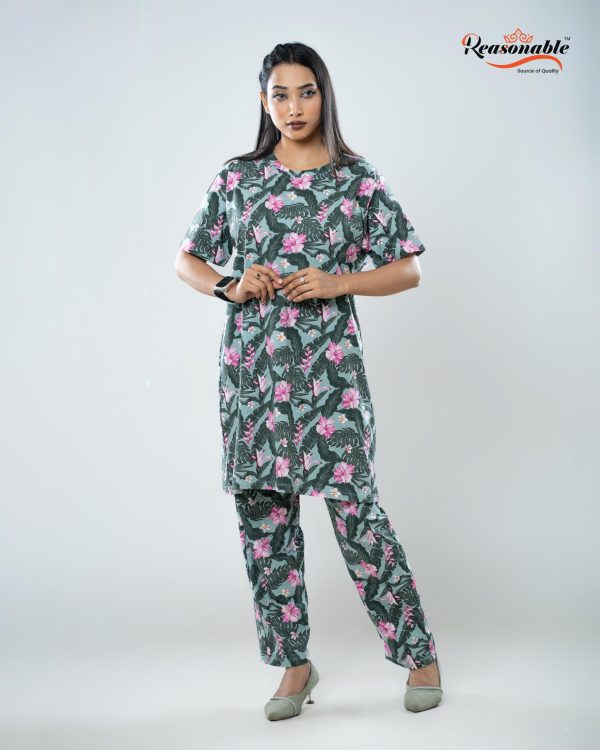 Women’s Premium 2pc Long T-shirt & pajama Set- Green Multicolor