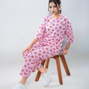 Women's Premium 2pc Drop shoulder T-shirt & pajama Set- Pink multicolor