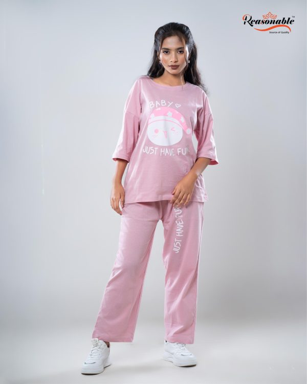 Women's Premium 2pc Drop shoulder T-shirt & pajama Set-Baby Pink - Image 4