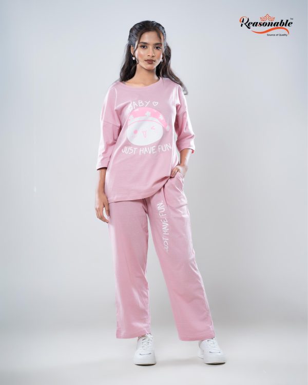 Women's Premium 2pc Drop shoulder T-shirt & pajama Set-Baby Pink