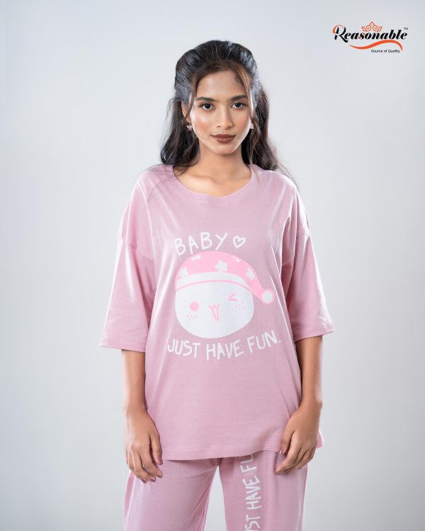 Women's Premium 2pc Drop shoulder T-shirt & pajama Set-Baby Pink - Image 2