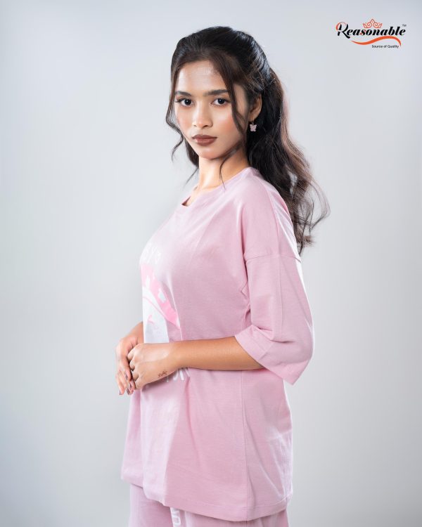 Women's Premium 2pc Drop shoulder T-shirt & pajama Set-Baby Pink - Image 3