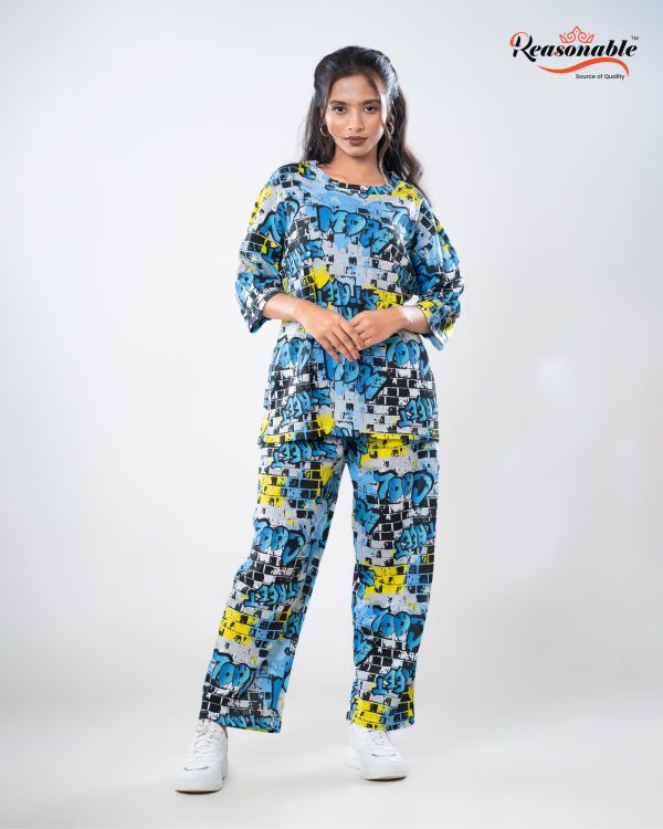 Women’s Premium 2pc Drop shoulder T-shirt & pajama Set- Blue Multicolor