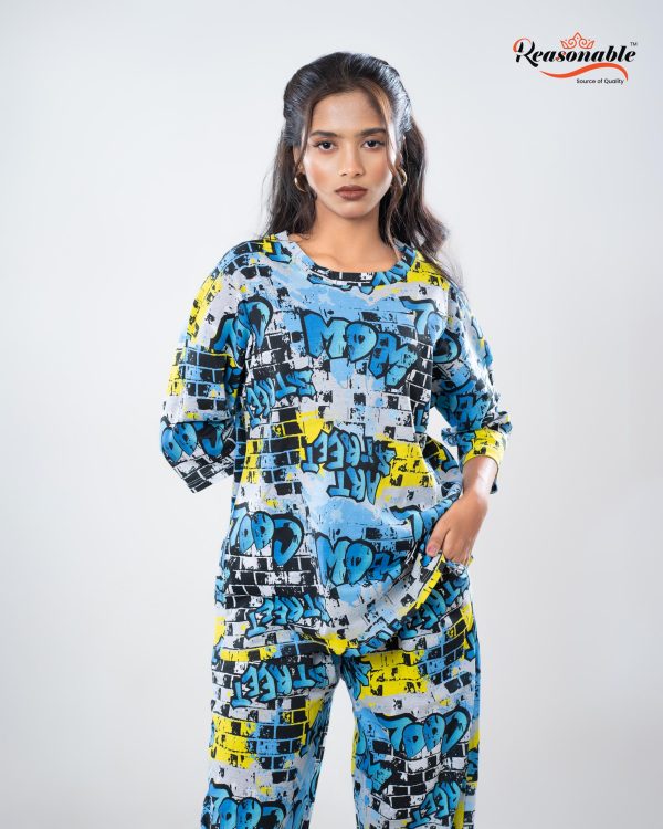 Women’s Premium 2pc Drop shoulder T-shirt & pajama Set- Blue Multicolor - Image 2