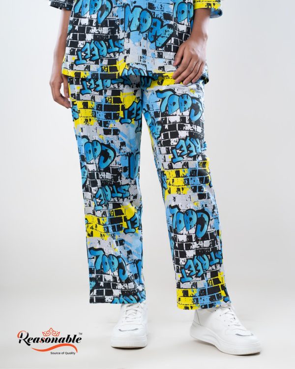 Women’s Premium 2pc Drop shoulder T-shirt & pajama Set- Blue Multicolor - Image 3