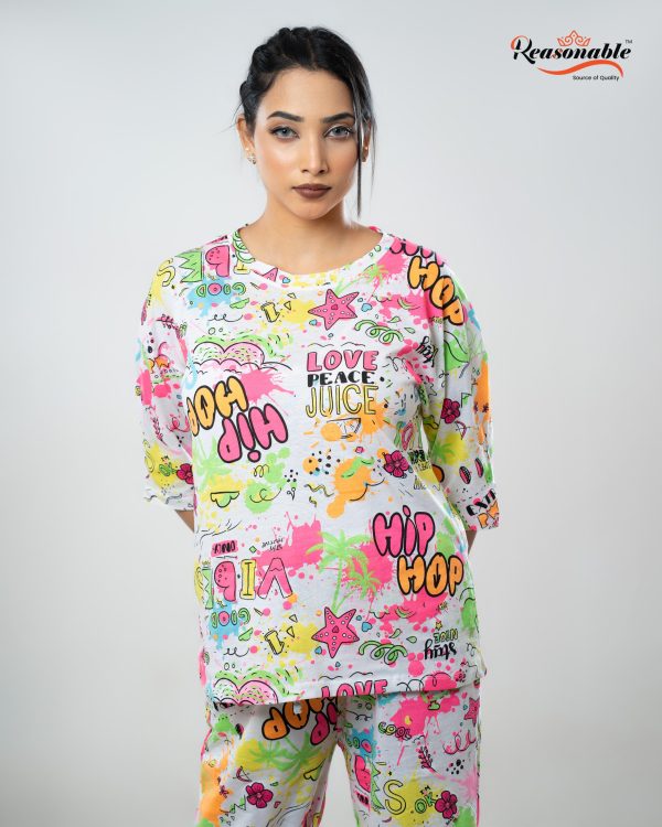 Women's Premium 2pc Drop shoulder T-shirt & pajama Set- Multicolor - Image 2