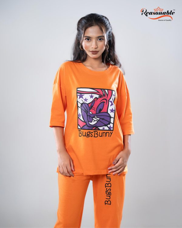Women’s Premium 2pc Drop shoulder T-shirt & pajama Set- Orange - Image 2