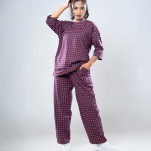 Women’s Premium 2pc Drop shoulder T-shirt & pajama Set-Dark merun multicolor