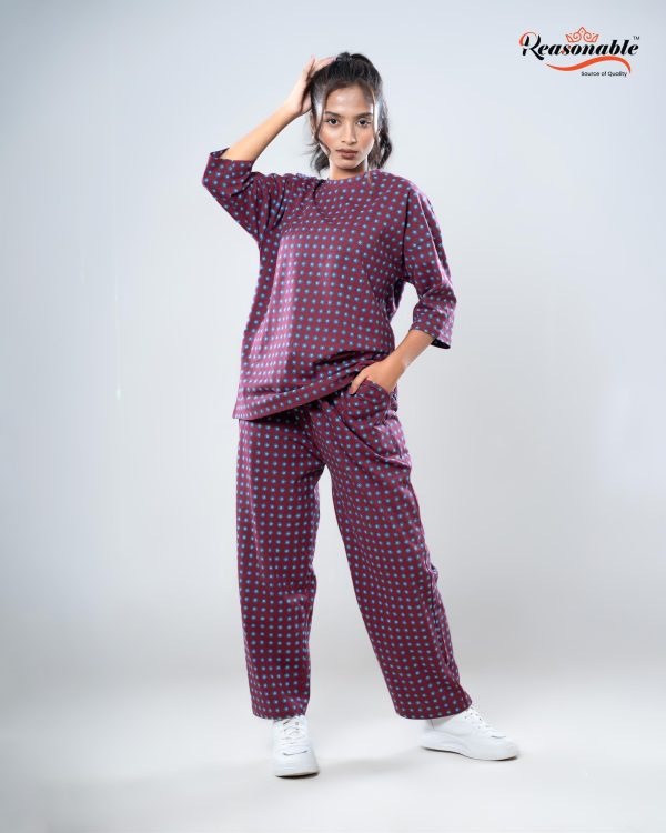 Women’s Premium 2pc Drop shoulder T-shirt & pajama Set-Dark merun multicolor
