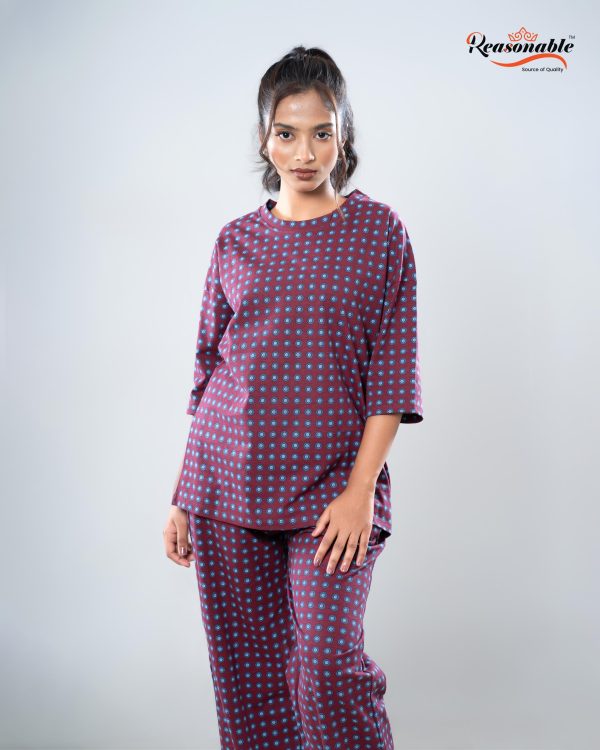 Women’s Premium 2pc Drop shoulder T-shirt & pajama Set-Dark merun multicolor - Image 2