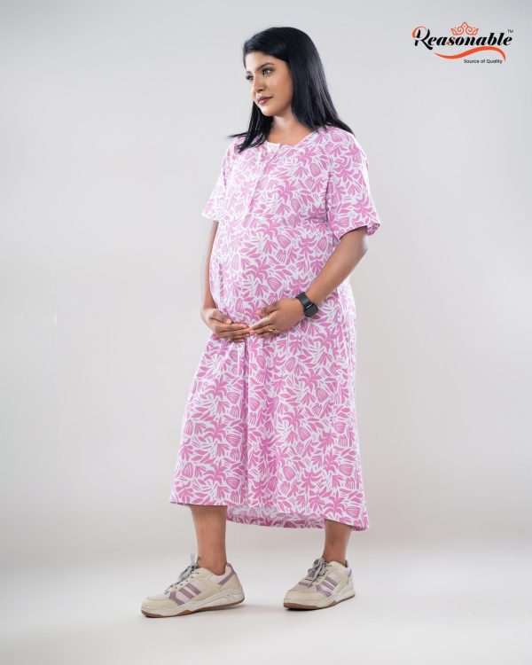 Premium Maternity wear Opening button Maxi-White & Pink
